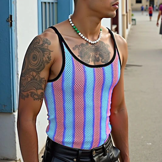 a sexy man in pink Boardwalk Candy Stripe Mesh Cami – pridevoyageshop.com – gay men’s harness, lingerie and fetish wear.