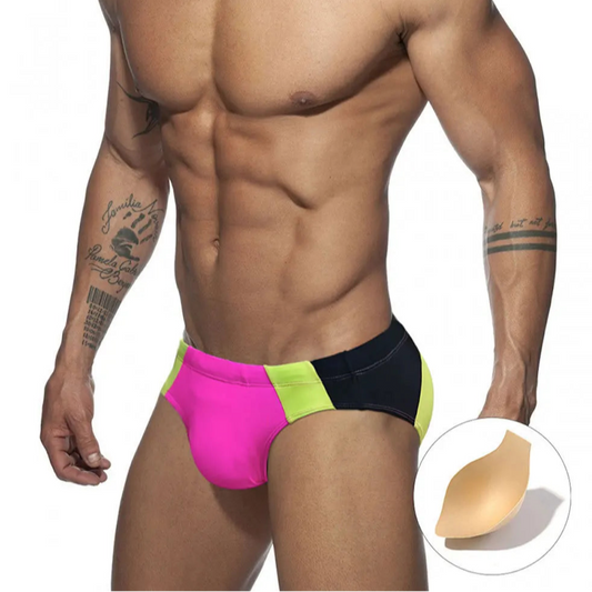 a sexy man in pink Men’s Colorblock Bulge-Boost Swim Briefs - pridevoyageshop.com - gay men’s sexy swim briefs, trunks, board shorts, and bikinis