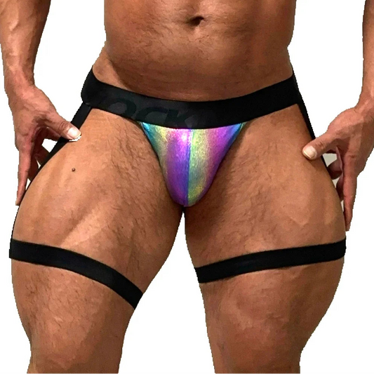 a sexy man in rainbow Men’s Metallic Thigh-Strap Jockstrap - pridevoyageshop.com - gay men’s thongs, boxers, briefs and jockstraps