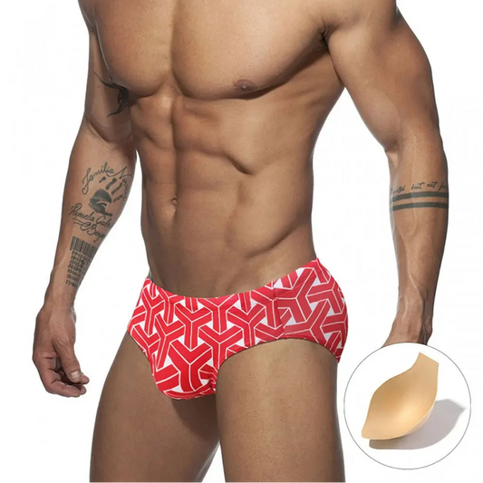 a sexy man in red Men’s Brickhouse Booty Swim Briefs with pad - pridevoyageshop.com - gay men’s sexy swim briefs, trunks, board shorts, and bikinis