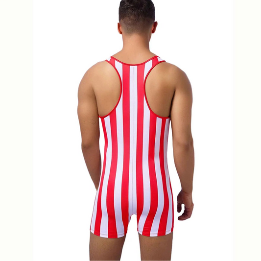 a sexy man in red Men’s Candy Striper Vintage Stripe Singlet – pridevoyageshop.com – gay men’s harness, lingerie and fetish wear