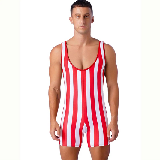 a sexy man in red Men’s Candy Striper Vintage Stripe Singlet – pridevoyageshop.com – gay men’s harness, lingerie and fetish wear