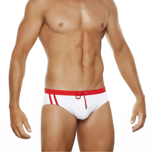 a sexy man in red Men’s Clean Line Hookup Swim Briefs - pridevoyageshop.com - gay men’s sexy swim briefs, trunks, board shorts, and bikinis