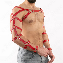 a sexy man in red Men’s Full Control Arm-Cage Bondage Harness – pridevoyageshop.com – gay men’s harness, lingerie and fetish wear