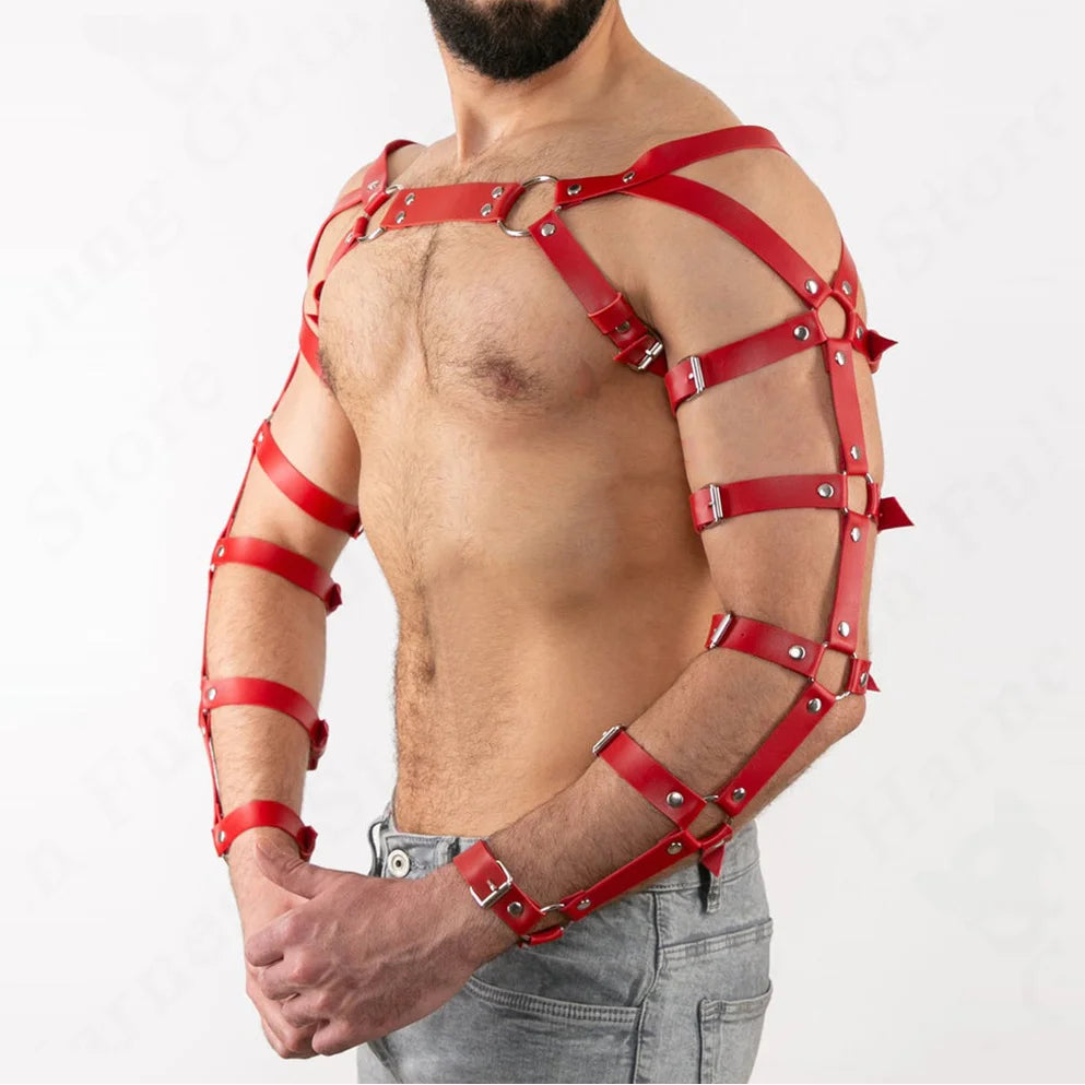 a sexy man in red Men’s Full Control Arm-Cage Bondage Harness – pridevoyageshop.com – gay men’s harness, lingerie and fetish wear