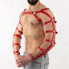 a sexy man in red Men’s Full Control Arm-Cage Bondage Harness – pridevoyageshop.com – gay men’s harness, lingerie and fetish wear