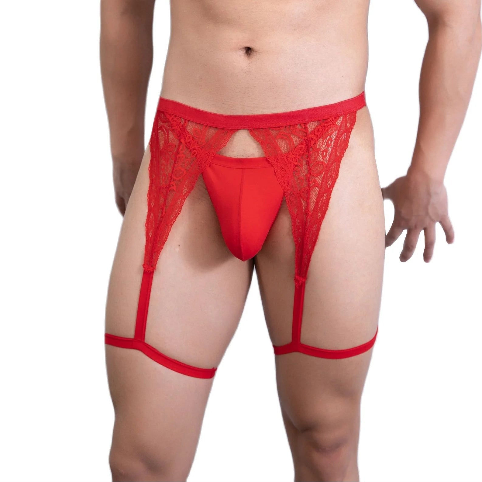 a sexy man in red Men’s Lace Suspender Garter Thong - pridevoyageshop.com - gay men’s thongs, boxers, briefs and jockstraps
