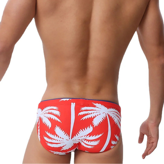 a sexy man in red Men’s Sway My Way Swim Briefs - pridevoyageshop.com - gay men’s sexy swim briefs, trunks, board shorts, and bikinis