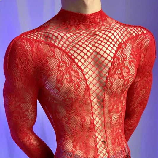 a sexy man in red Moonlit Filigree Lace Mesh Bodysuit - pridevoyageshop.com - gay men’s harness, lingerie and fetish wear