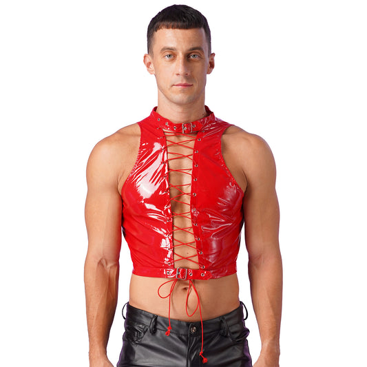 a sexy man in red Pageant Patent PVC Crop – pridevoyageshopcom – gay mens clubwear mesh tanks crop tops fashion tops partywear activewear
