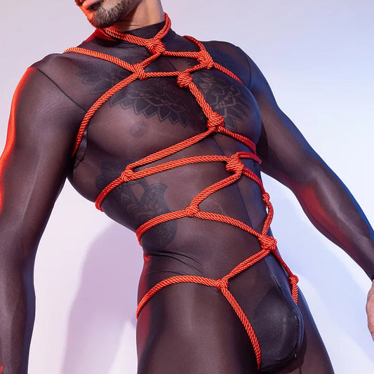 a sexy man in red Red Emperor’s Full Body Rope Harness – pridevoyageshop.com – gay men’s harness, lingerie and fetish wear