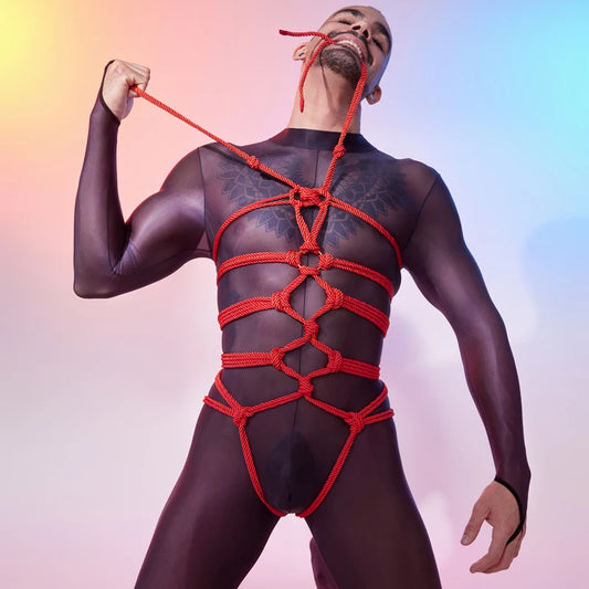 a sexy man in red Red Emperor’s Full Body Rope Harness – pridevoyageshop.com – gay men’s harness, lingerie and fetish wear