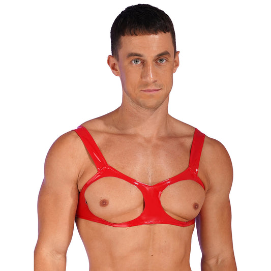 a sexy man in red glossy vinyl harness with bold chest strapping and metal buckle hardware – pridevoyageshop.com – gay men’s harness, lingerie and fetish wear