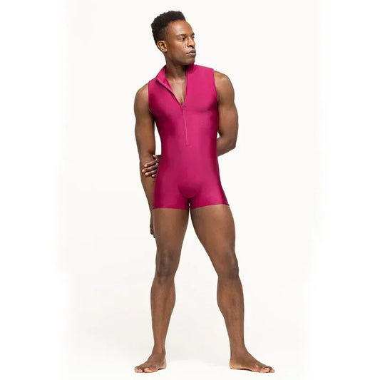 a sexy man in rose red Aerobicide Zip-Access Bodysuit – pridevoyageshop.com – gay men’s harness, lingerie and fetish wear