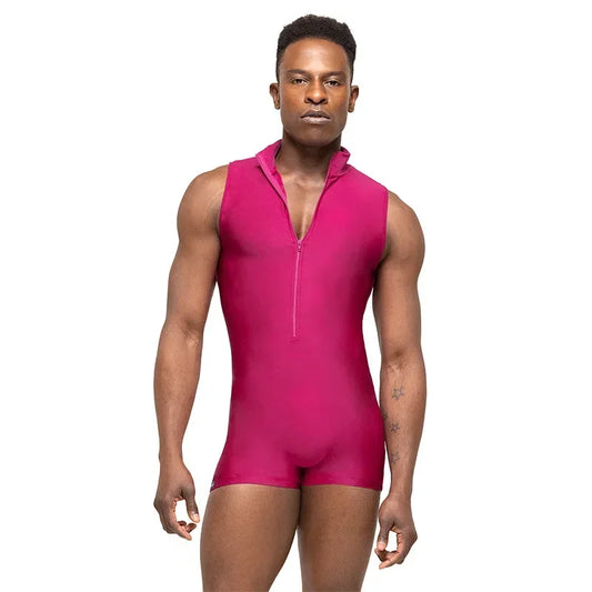 a sexy man in rose red Aerobicide Zip-Access Bodysuit – pridevoyageshop.com – gay men’s harness, lingerie and fetish wear