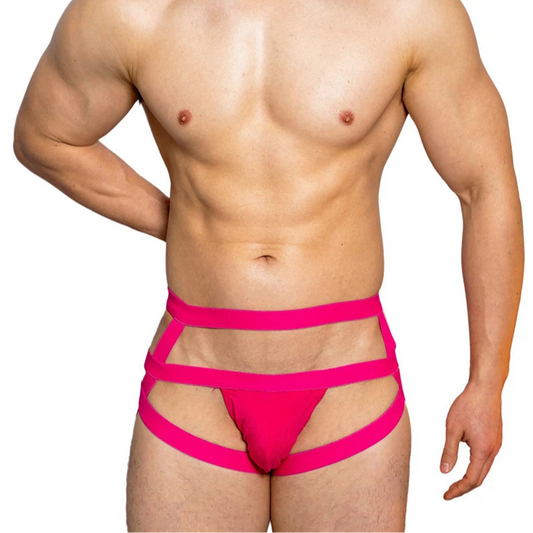 a sexy man in rose red DM Men’s Bondage Stripper Thong - pridevoyageshop.com - gay men’s thongs, boxers, briefs and jockstraps