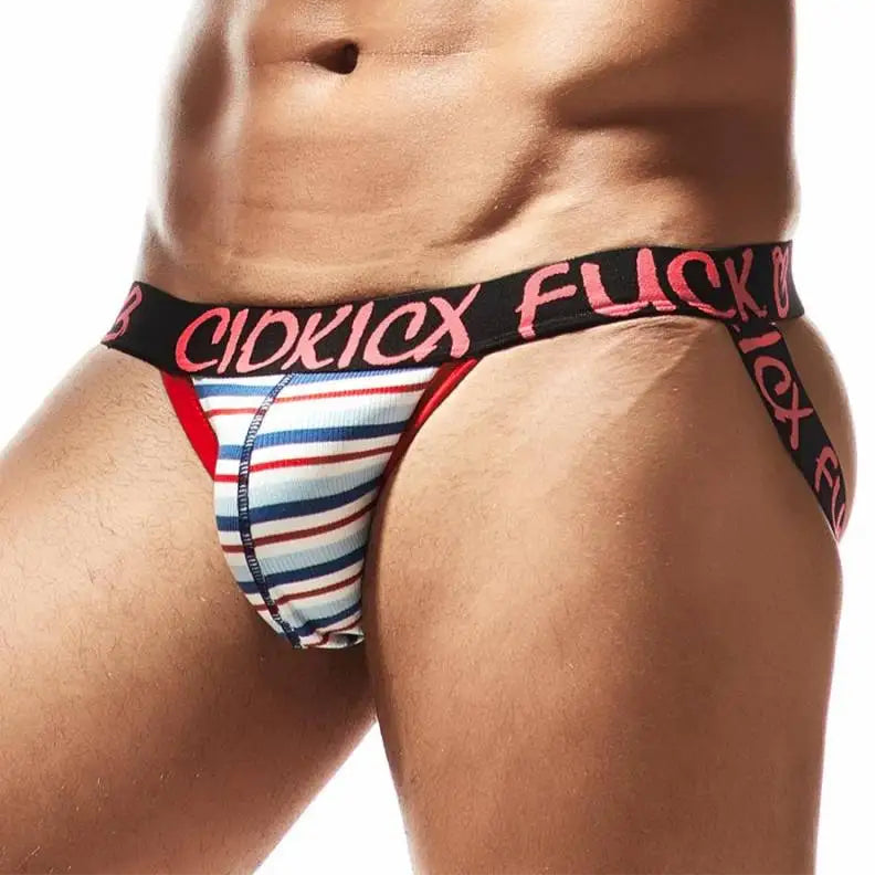 a sexy man in royal blue Men’s Fuck Striped Jockstrap - pridevoyageshop.com - gay men’s thongs, boxers, briefs and jockstraps