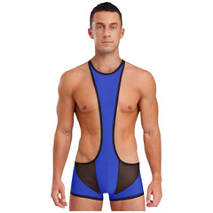 a sexy man in royal blue Men’s Glimpse Cutout Mesh Singlet – pridevoyageshop.com – gay men’s harness, lingerie and fetish wear