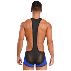 a sexy man in royal blue Men’s Glimpse Cutout Mesh Singlet – pridevoyageshop.com – gay men’s harness, lingerie and fetish wear