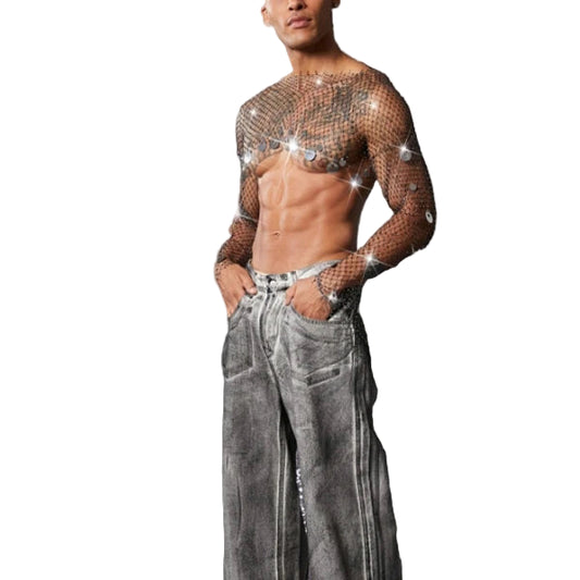 a sexy man in silver Men’s Glimmer Shatter Mesh Bolero – pridevoyageshop.com – gay men’s harness, lingerie and fetish wear