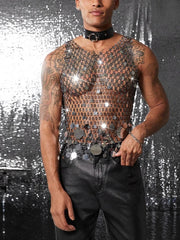 a sexy man in silver coinmail tank with metal discs draping over chest, showing sculpted torso and chain-style shimmer – pridevoyageshop.com – gay men’s harness, lingerie and fetish wear
