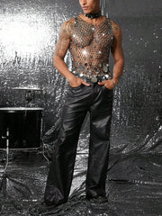 a sexy man in silver coinmail tank with metal discs draping over chest, showing sculpted torso and chain-style shimmer – pridevoyageshop.com – gay men’s harness, lingerie and fetish wear