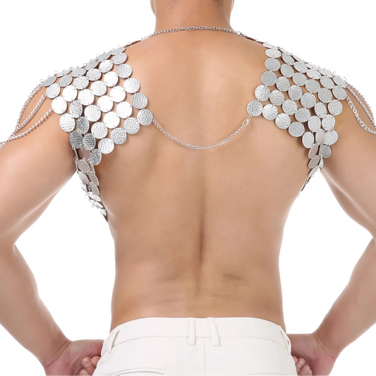 a sexy man in silvery Men’s Discotheque Armor Chain Harness – pridevoyageshop.com – gay men’s harness, lingerie and fetish wear