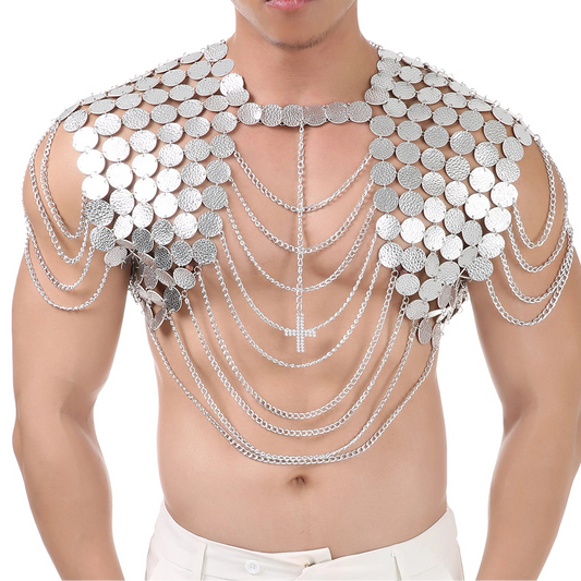 a sexy man in silvery Men’s Discotheque Armor Chain Harness – pridevoyageshop.com – gay men’s harness, lingerie and fetish wear