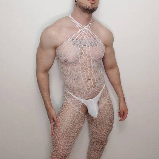 a sexy man in white Angel’s Harness Bodystocking - pridevoyageshop.com - gay men’s harness, lingerie and fetish wear