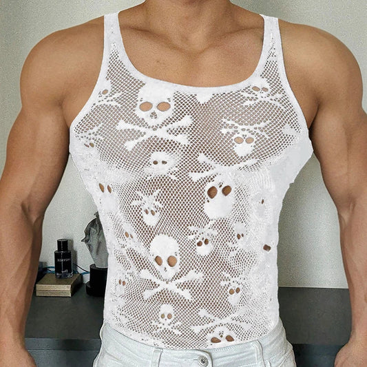 a sexy man in white Bad to the Bone Boys Mesh Tank – pridevoyageshopcom – gay mens clubwear mesh tanks crop tops fashion tops partywear activewear