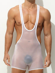 a sexy man in white Fever Dream Deep-Scoop Sheer Singlet, ultra-low scoop front, sheer body-hugging mesh, seductive athletic tease – pridevoyageshop.com – gay men’s harness, lingerie and fetish wear