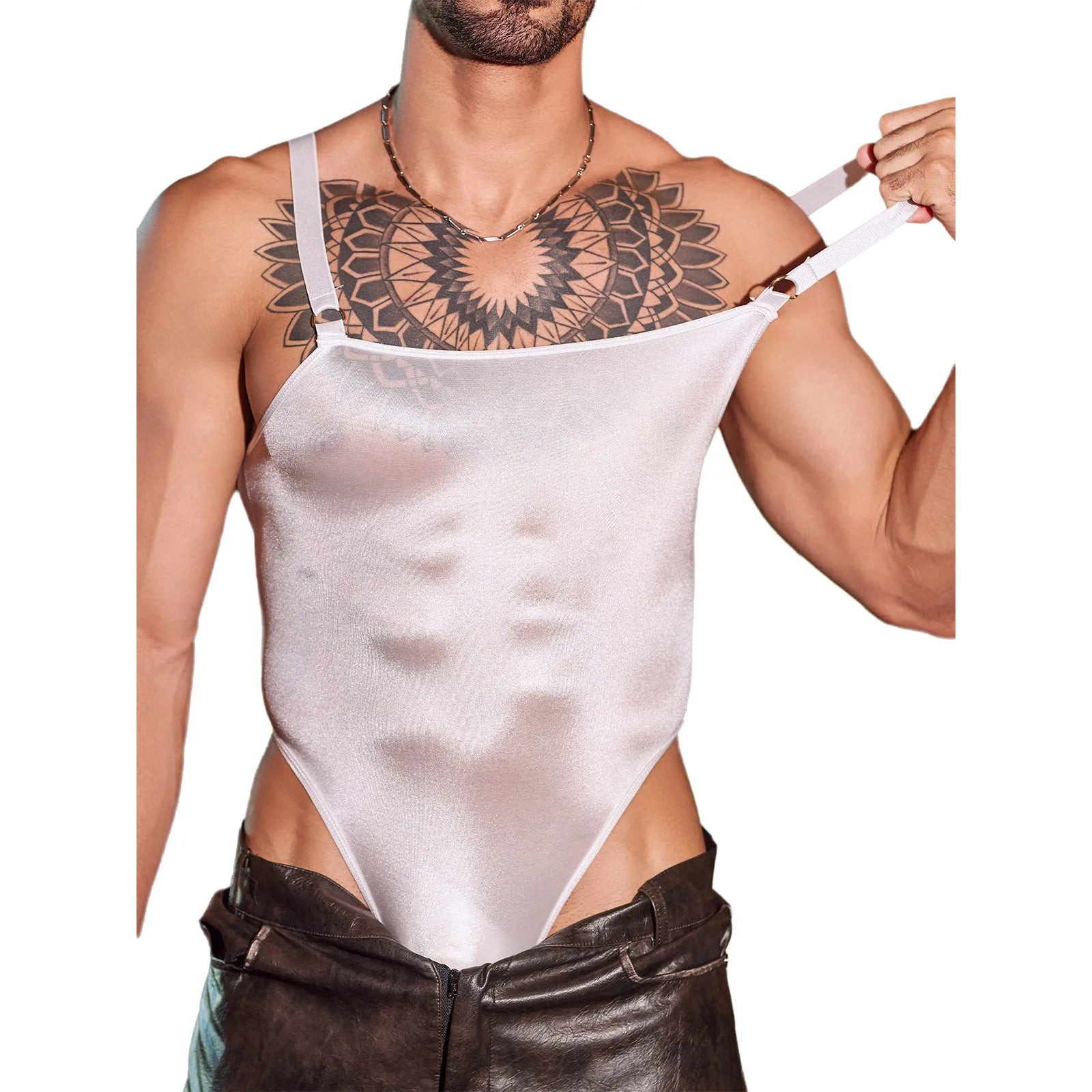 a sexy man in white Glaze Satin Square-Neck Bodysuit – pridevoyageshop.com – gay men’s harness, lingerie and fetish wear