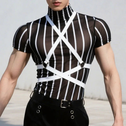 a sexy man in white Lockdown Harness Mesh Top - pridevoyageshop.com - gay men’s harness, lingerie and fetish wear