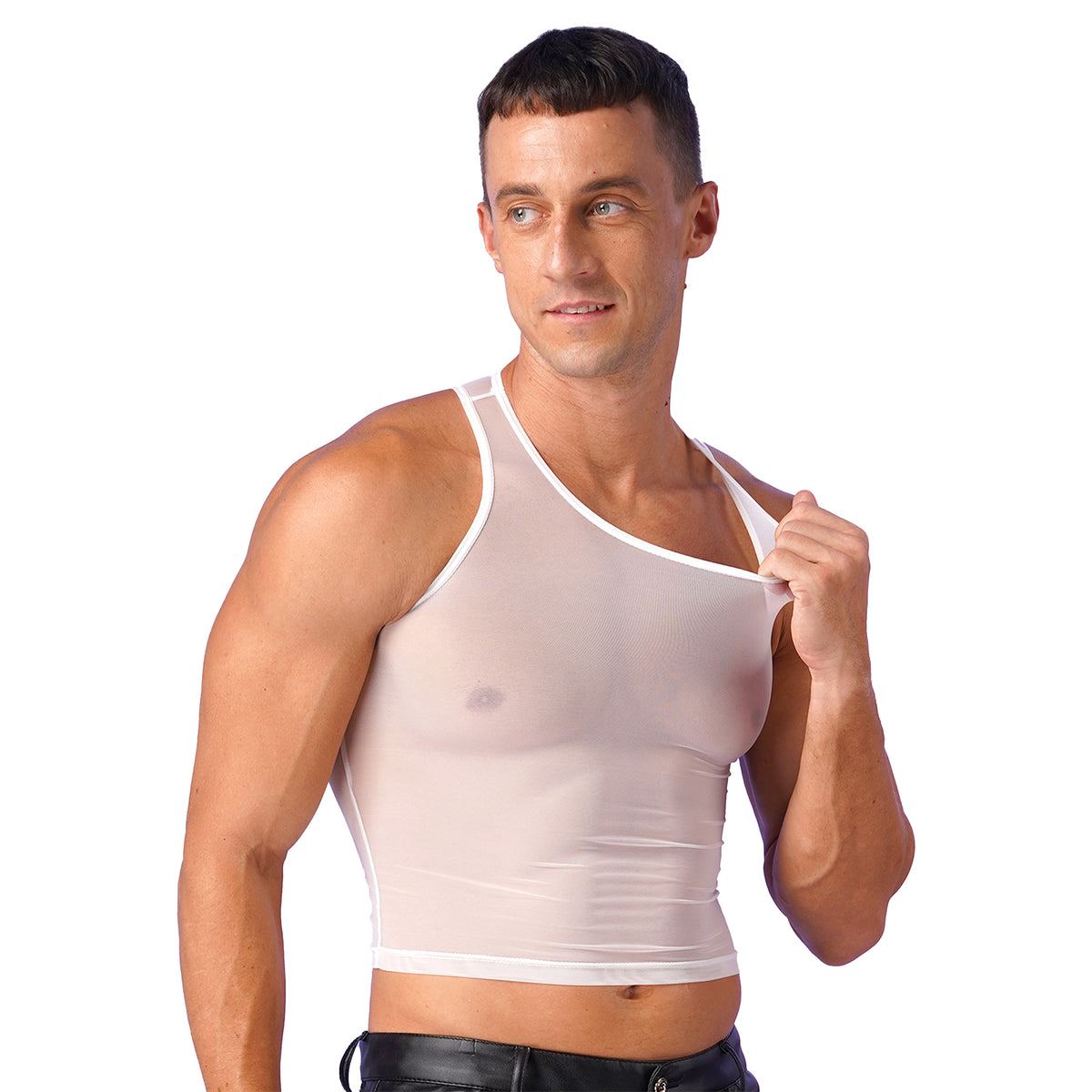 a sexy man in white Locker Room Mirage Sheer Crop Tank - pridevoyageshop.com - gay men’s harness, lingerie and fetish wear