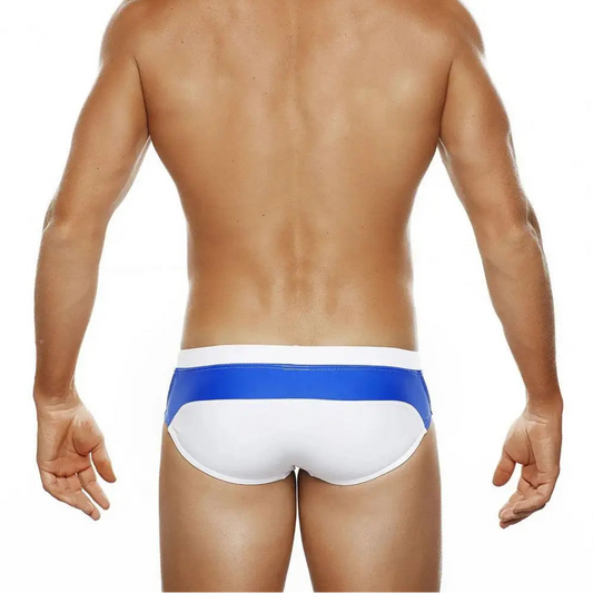 a sexy man in white Men’s Backdoor Varsity Swim Briefs - pridevoyageshop.com - gay men’s sexy swim briefs, trunks, board shorts, and bikinis