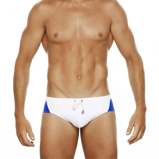 a sexy man in white Men’s Backdoor Varsity Swim Briefs - pridevoyageshop.com - gay men’s sexy swim briefs, trunks, board shorts, and bikinis