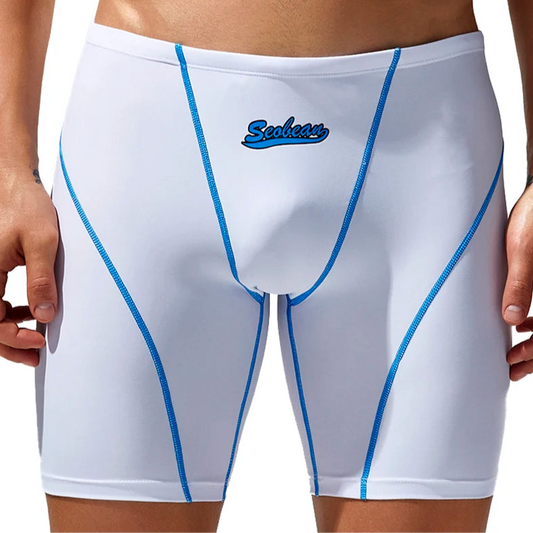a sexy man in white Men’s Code Lock Speed Vortex Compression Swim Shorts – pridevoyageshop.com – gay men’s sexy swim briefs, trunks, board shorts, and bikinis