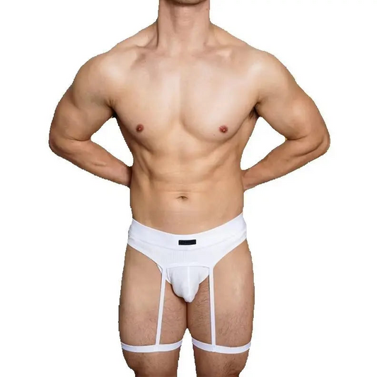 a sexy man in white Men’s D.M. Garter Belt - pridevoyageshop.com - gay men’s thongs, boxers, briefs and jockstraps