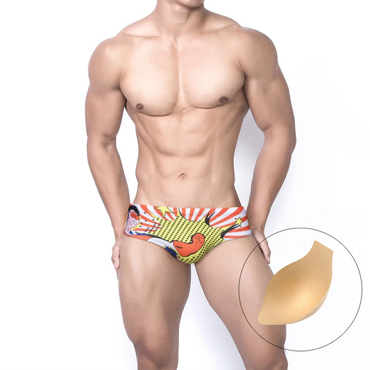 a sexy man in white Men’s Hypno Booty Pop Swim Briefs with pad - pridevoyageshop.com - gay men’s sexy swim briefs, trunks, board shorts, and bikinis