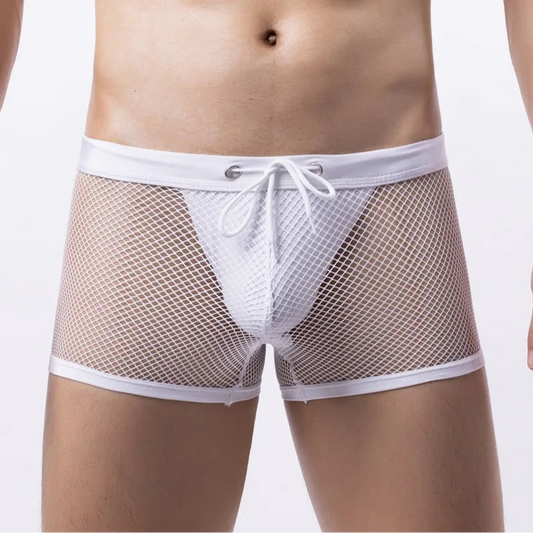 a sexy man in white Men’s “I Am Ready” Lace-Up Mesh Trunks - pridevoyageshop.com - gay men’s thongs, boxers, briefs and jockstraps