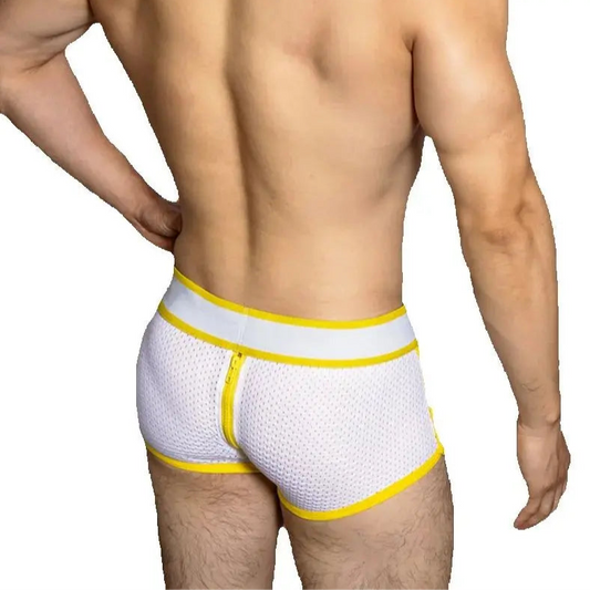 a sexy man in white Men’s Open Butt Back Zipper Mesh TrunksMen’s Open Butt Back Zipper Mesh Trunks - pridevoyageshop.com - gay men’s thongs, boxers, briefs and jockstraps