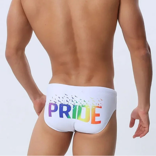 a sexy man in white Men’s Pride Rainbow Print Sexy Swim Briefs - pridevoyageshop.com - gay men’s sexy swim briefs, trunks, board shorts, and bikinis