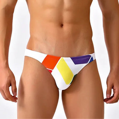 a sexy man in white Men’s Queer Grid Rainbow Pride Swim Briefs - pridevoyageshop.com - gay men’s sexy swim briefs, trunks, board shorts, and bikinis
