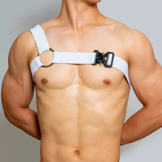 a sexy man in white Men’s Trigger Quick-Release Chest Harness – pridevoyageshop.com – gay men’s harness, lingerie and fetish wear