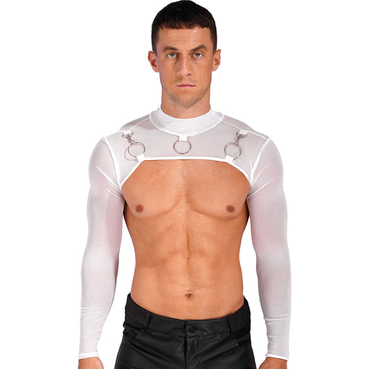 a sexy man in white Ringleader O-Ring Mesh Bolero - pridevoyageshop.com - gay men’s harness, lingerie and fetish wear