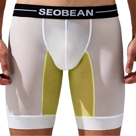 a sexy man in white SEOBEAN Men’s Dominion Long Sheer Boxer Briefs – pridevoyageshop.com – gay men’s sexy swim briefs, trunks, board shorts, and bikinis