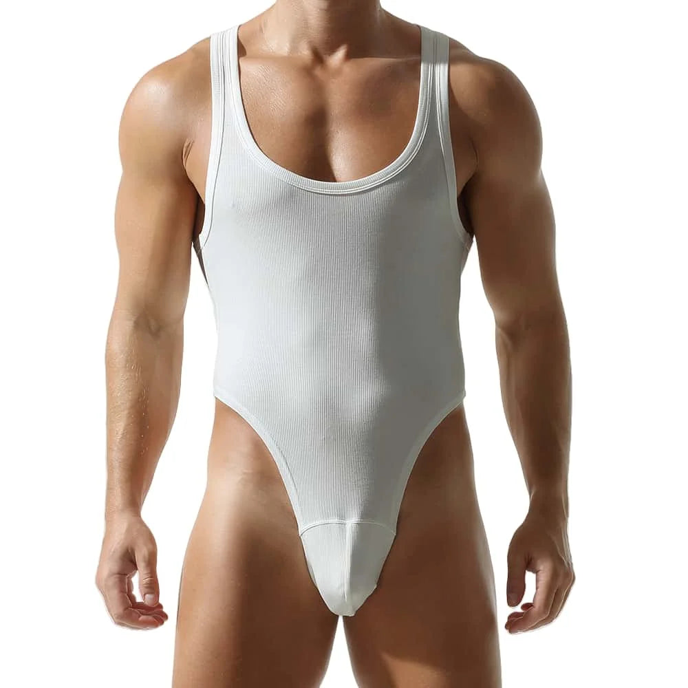a sexy man in white Submission Rib Thong Bodysuit – pridevoyageshop.com – gay men’s harness, lingerie and fetish wear