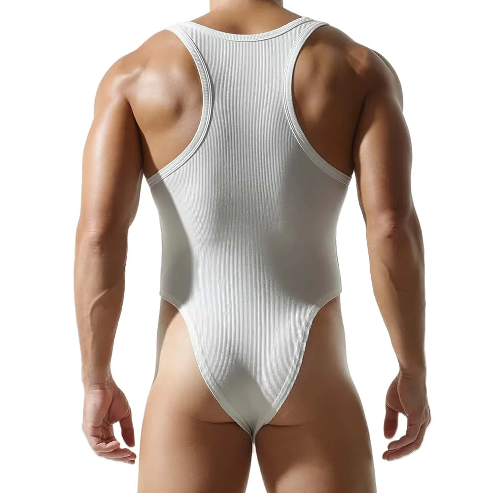 a sexy man in white Submission Rib Thong Bodysuit – pridevoyageshop.com – gay men’s harness, lingerie and fetish wear