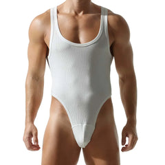 a sexy man in white Submission Rib Thong Bodysuit – pridevoyageshop.com – gay men’s harness, lingerie and fetish wear