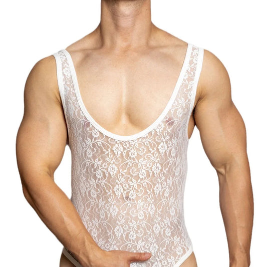 a sexy man in white Thorn Lace Tank Bodysuit – pridevoyageshop.com – gay men’s harness, lingerie and fetish wear